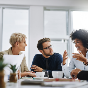 Business professionals talking around a conference table